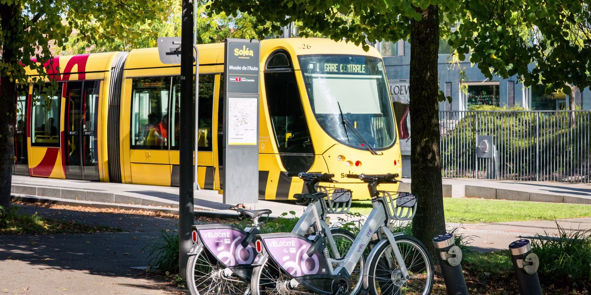 tram à Mulhouse avec une station vélocité